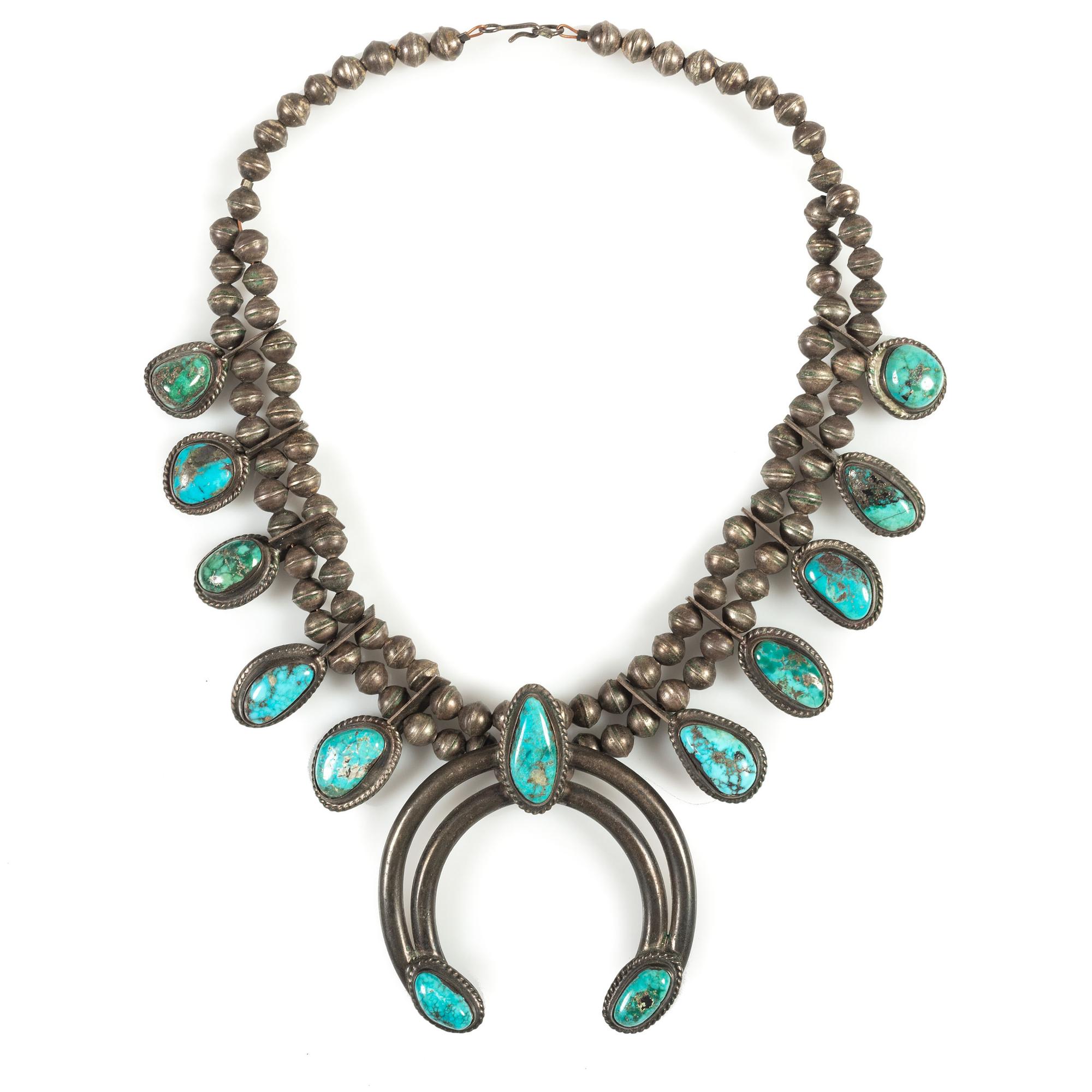 Navajo Silver and Turquoise Squash Blossom Necklace