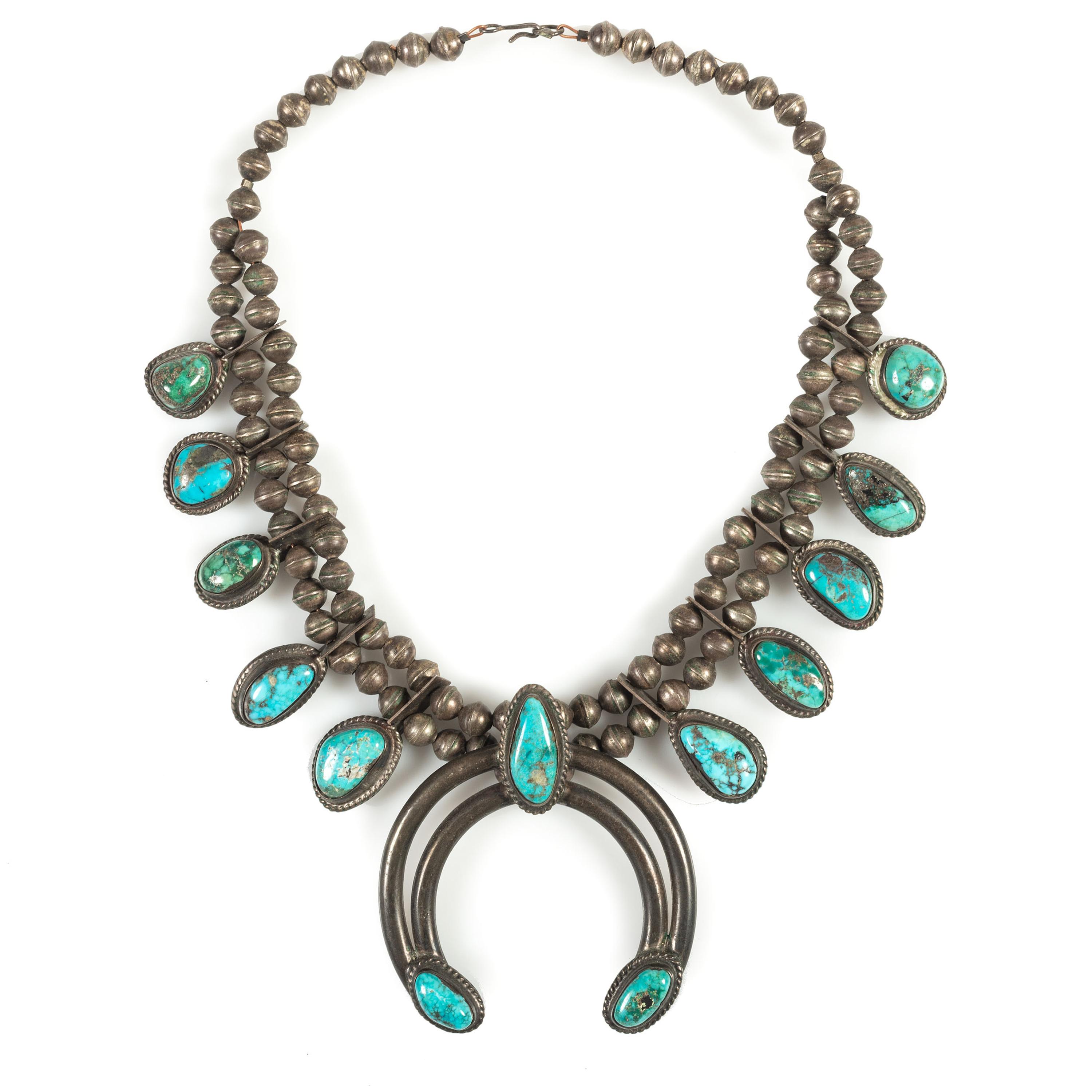 Navajo Silver and Turquoise Squash Blossom Necklace