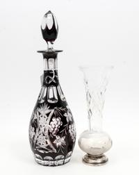 A Bohemian Cut to Clear Cranberry Glass Bottle Height 14 3/4 inches.