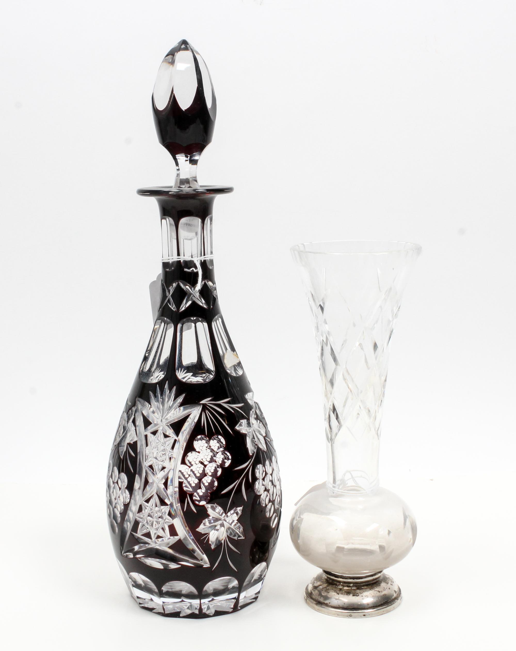 A Bohemian Cut to Clear Cranberry Glass Bottle Height 14 3/4 inches.