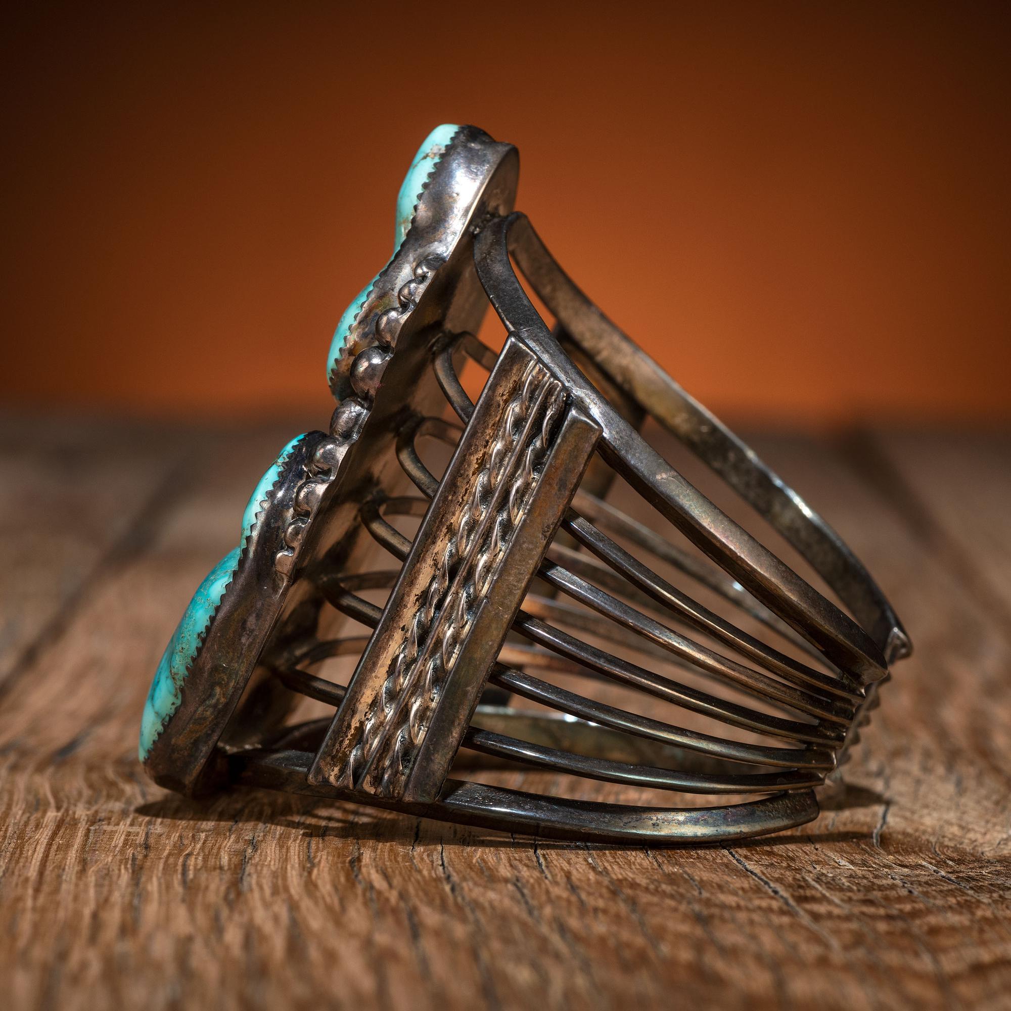 Navajo Sterling Silver Wire and Carved Turquoise Cuff Bracelet