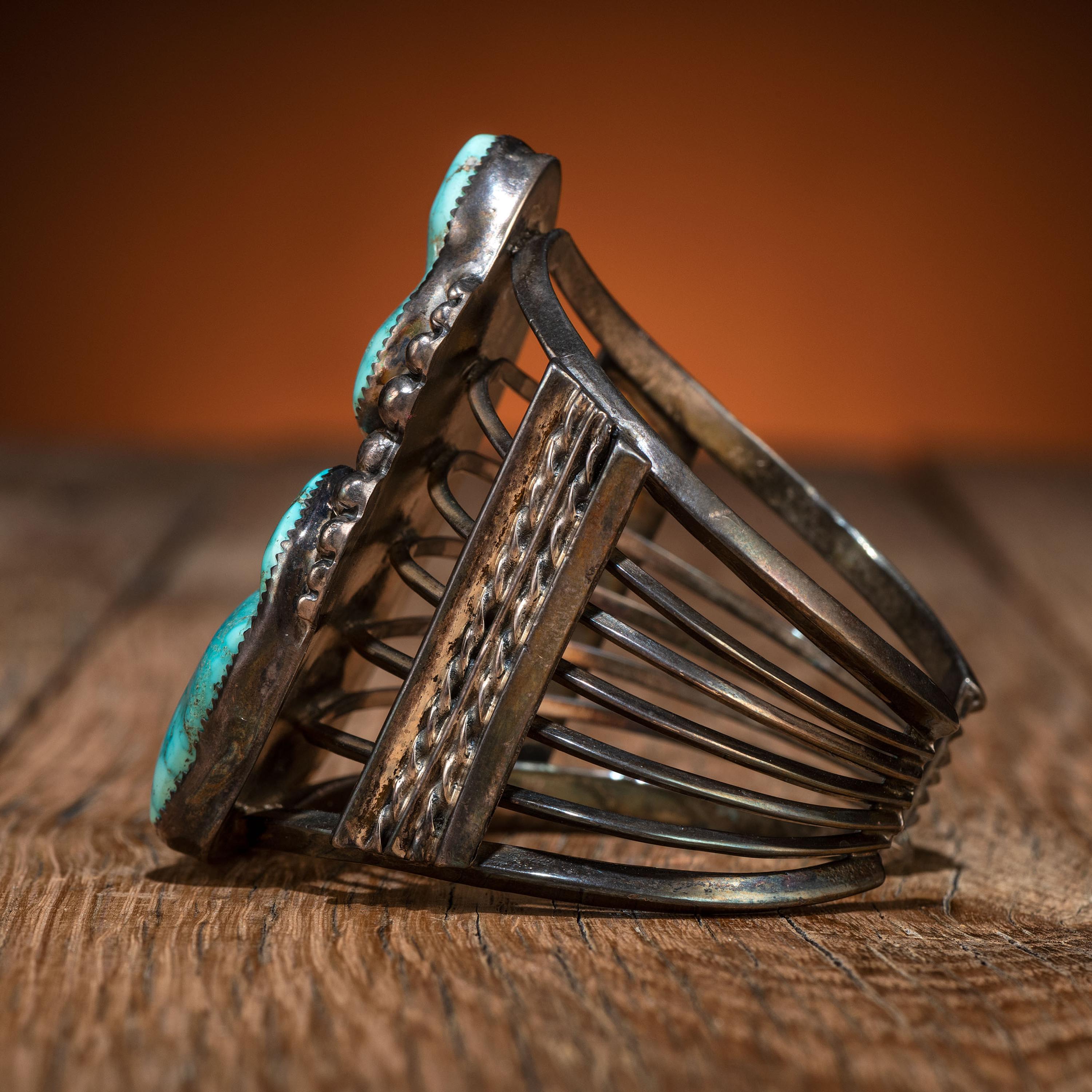 Navajo Sterling Silver Wire and Carved Turquoise Cuff Bracelet