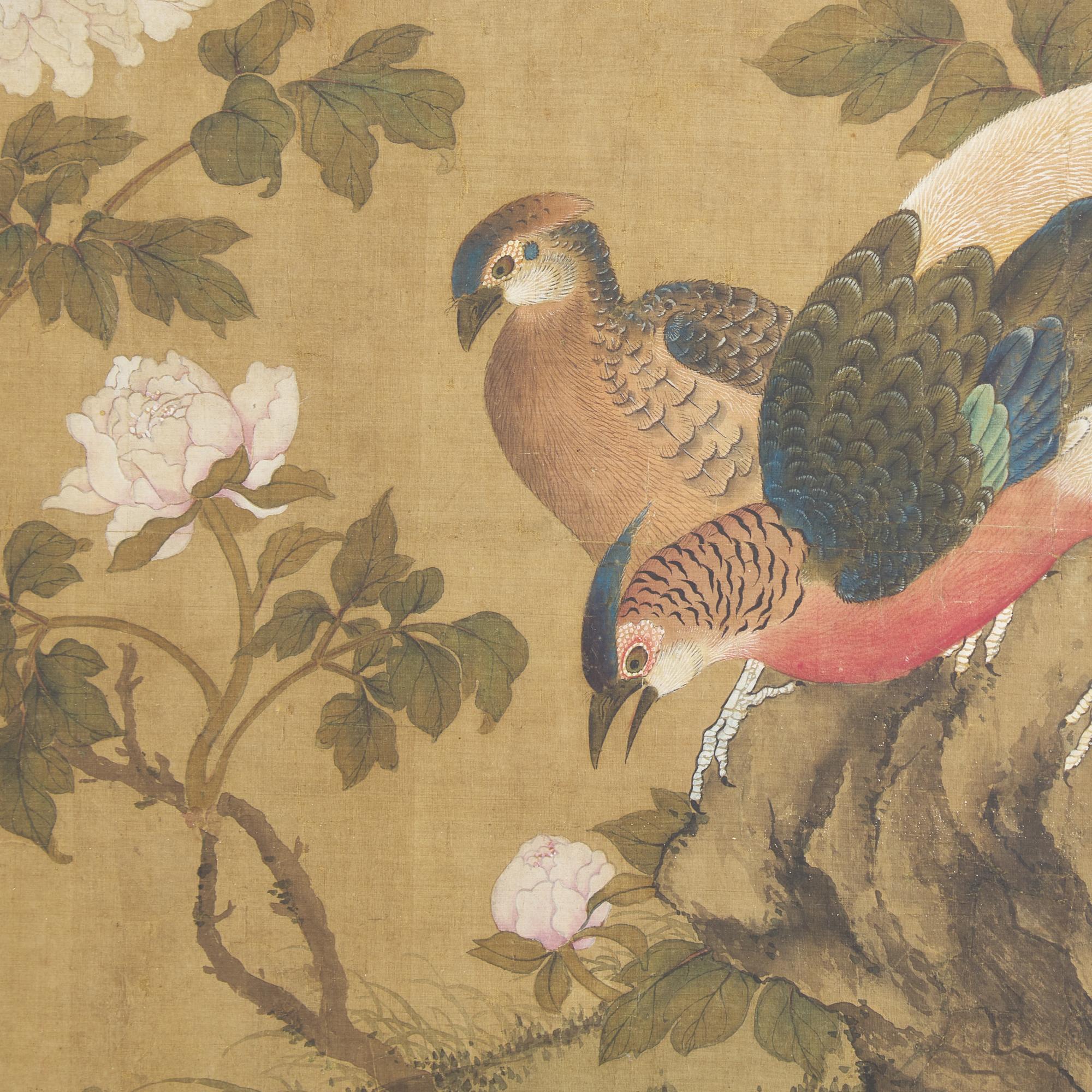 Chinese School, 20th Century 近代 絹本設色錦鷄牡丹圖鏡框
