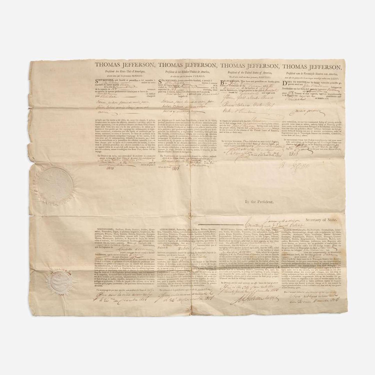 [Presidential] Jefferson, Thomas, and James Madison Partially-Printed Ship's Passport, signed