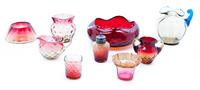 Nine Amberina and Cranberry Glass Articles Diameter of largest 7 inches.