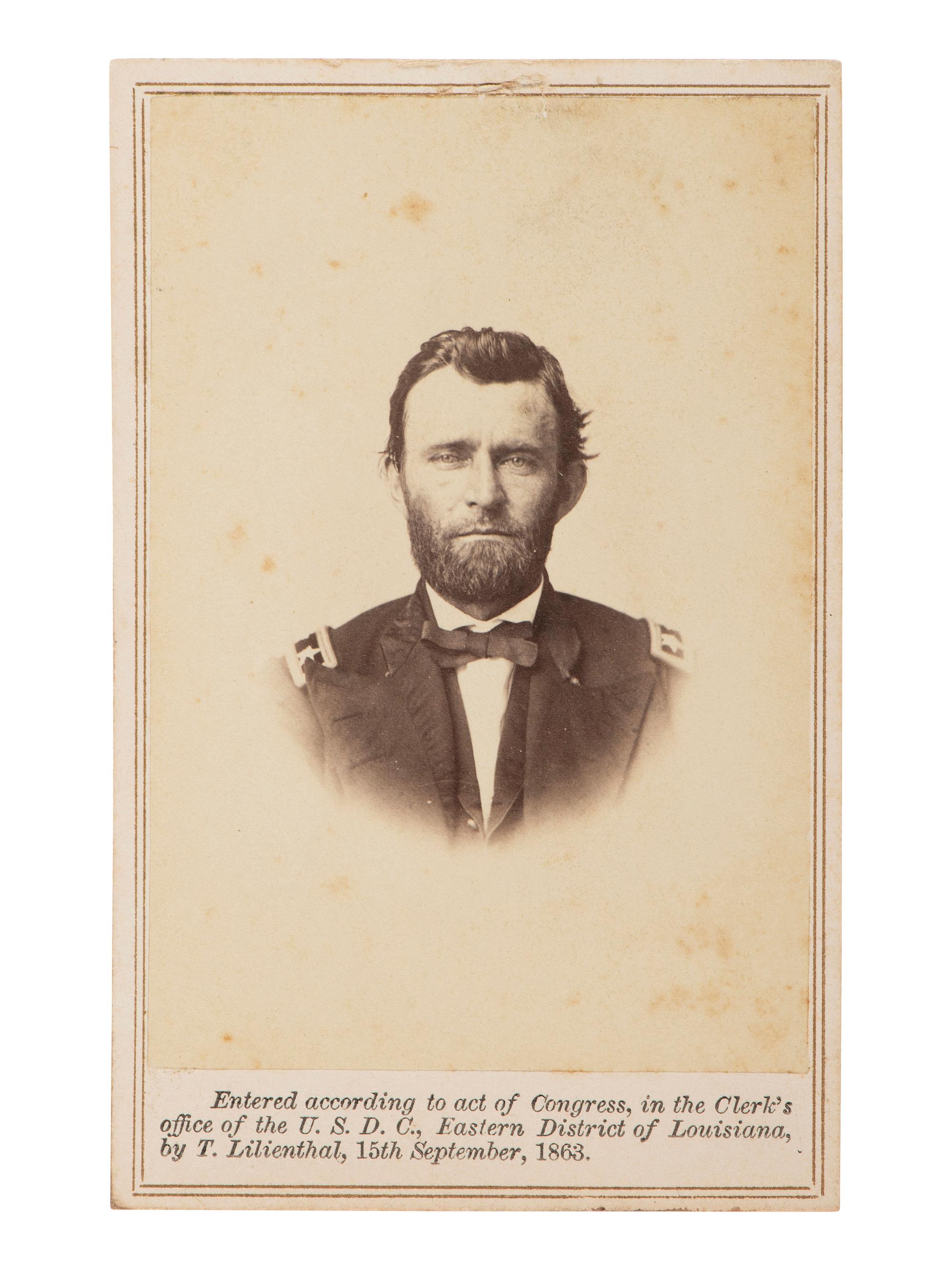 [CIVIL WAR -- GRANT, ULYSSES S. (1822-1885)]. CDV of Ulysses S. Grant as major general. New Orleans, LA: T. Lilienthal, 1863.