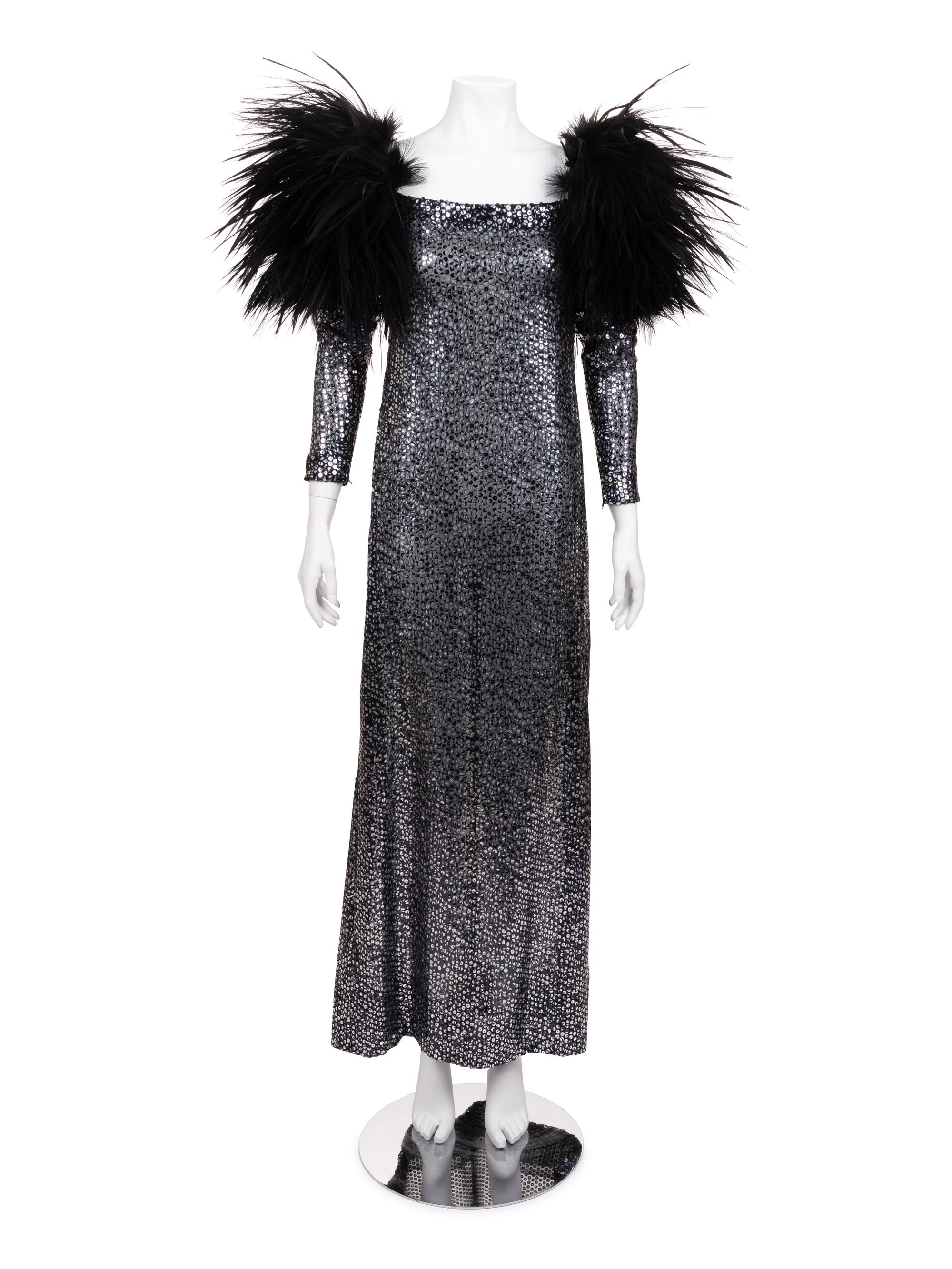 Unlabeled Sequined Dress with Feather Trim, 1970-90s