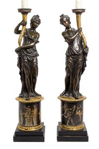 A Pair of Louis XVI Style Parcel Gilt Bronze Figures Height 47 1/4 inches overall. — LATE 19TH CENTURY