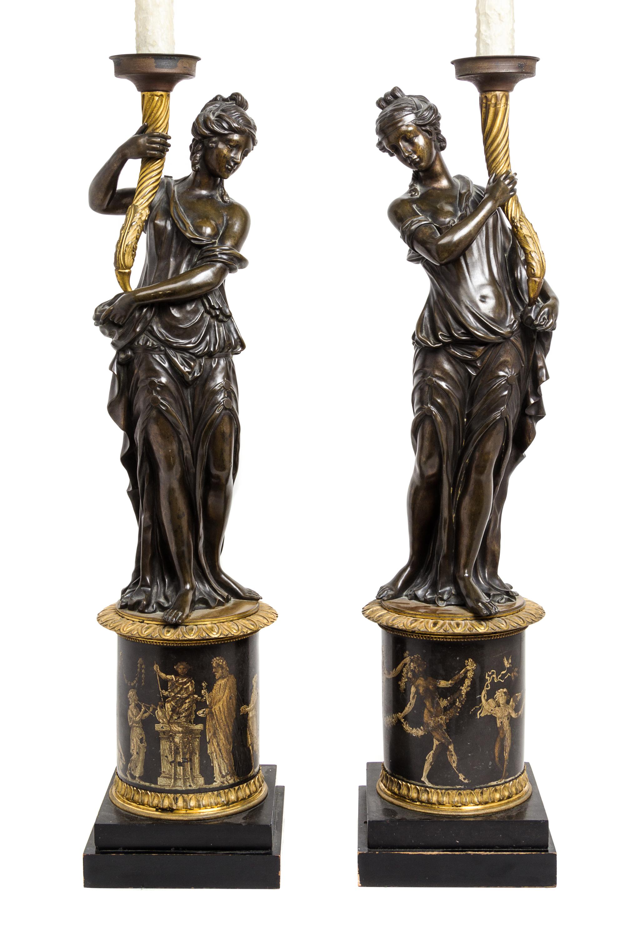 A Pair of Louis XVI Style Parcel Gilt Bronze Figures Height 47 1/4 inches overall. — LATE 19TH CENTURY