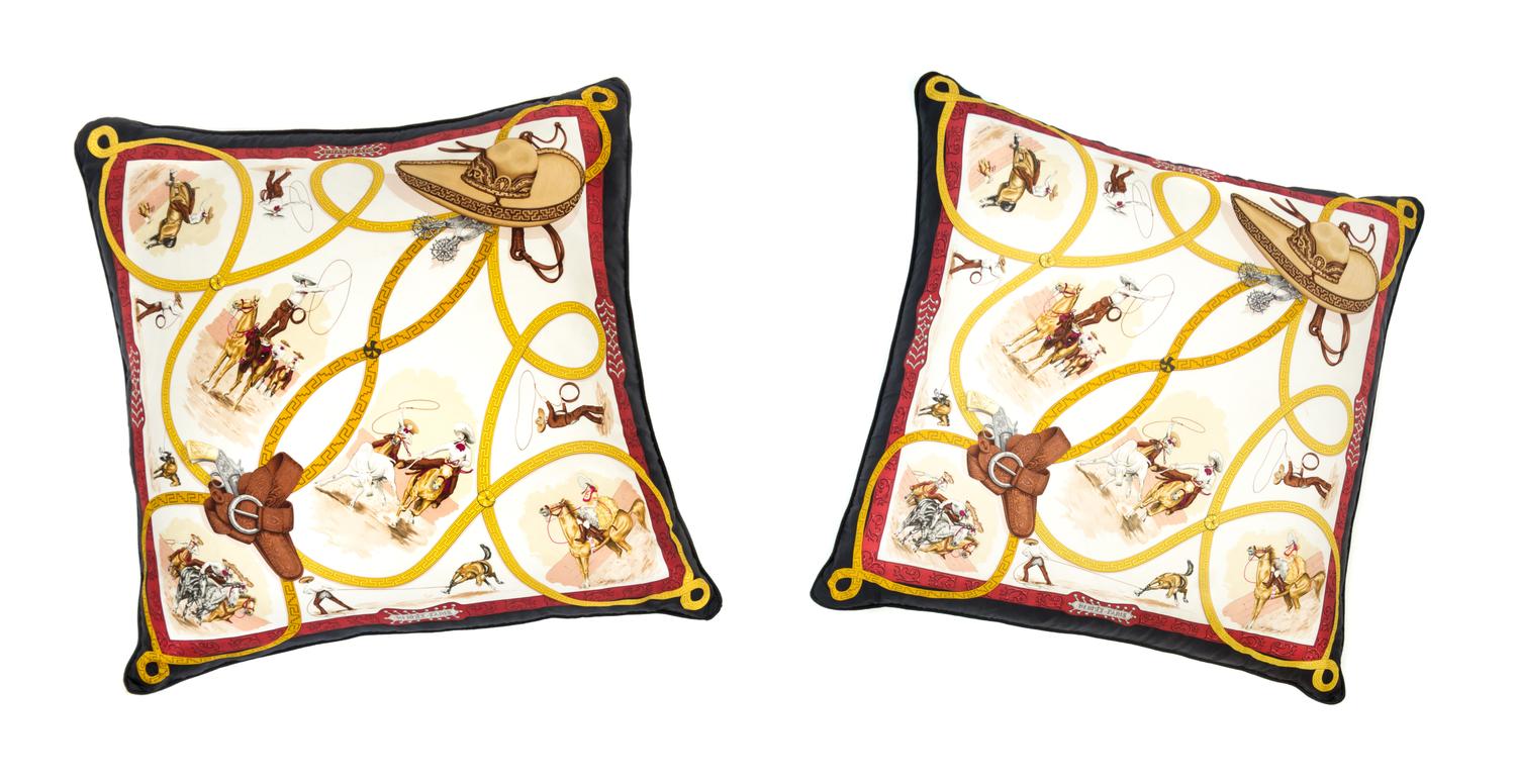 A Pair of Hermès Silk Scarf Pillows, 34" x 36" x 13".