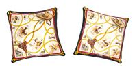 A Pair of Hermès Silk Scarf Pillows, 34" x 36" x 13".