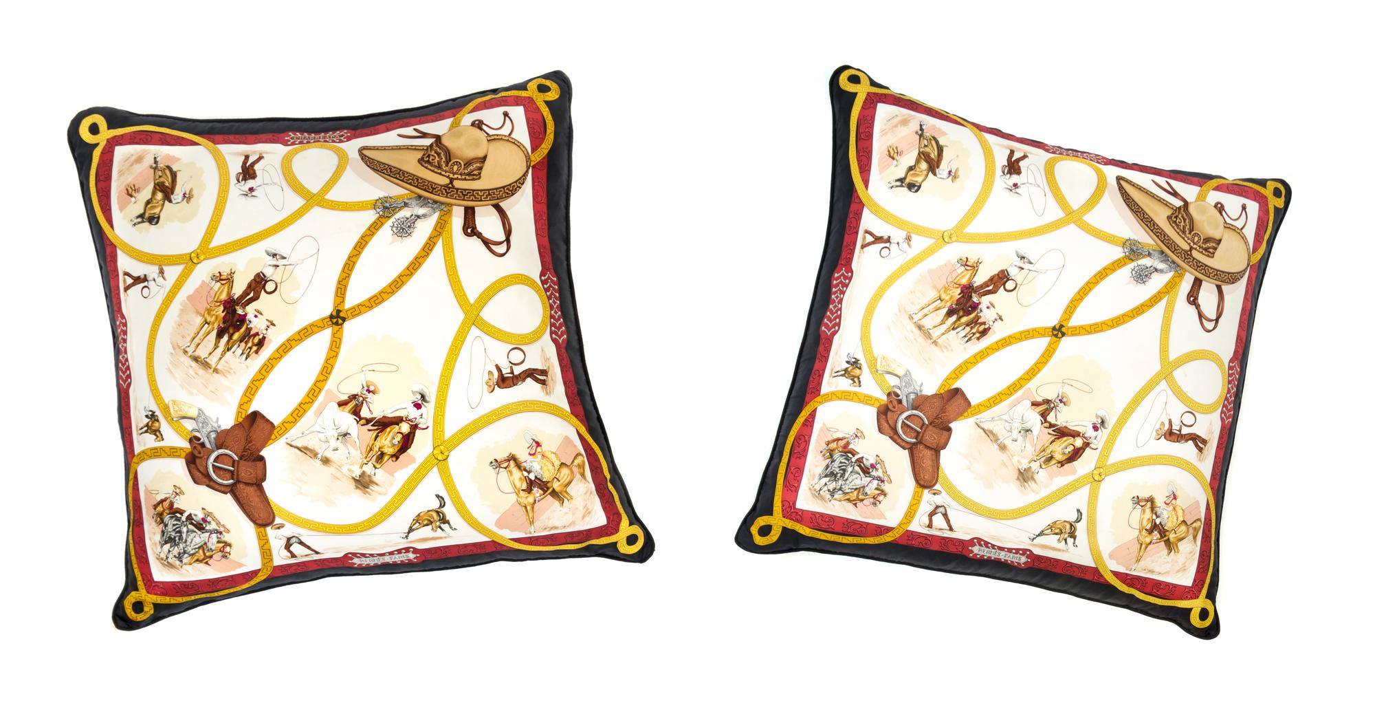 A Pair of Hermès Silk Scarf Pillows, 34" x 36" x 13".
