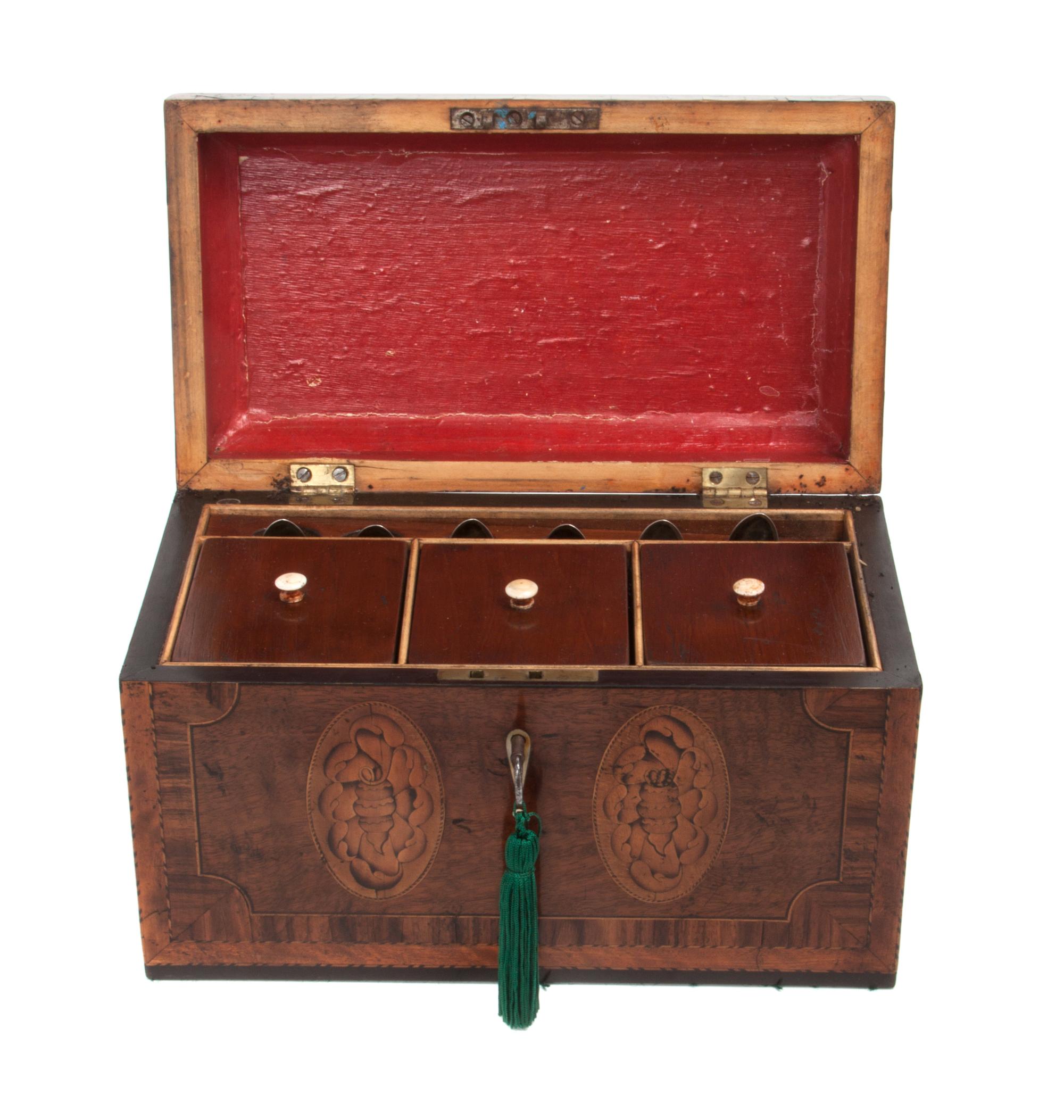 A Sheraton Mahogany Tea Caddy Height 6 1/2 x width 10 x depth 5 1/2 inches.