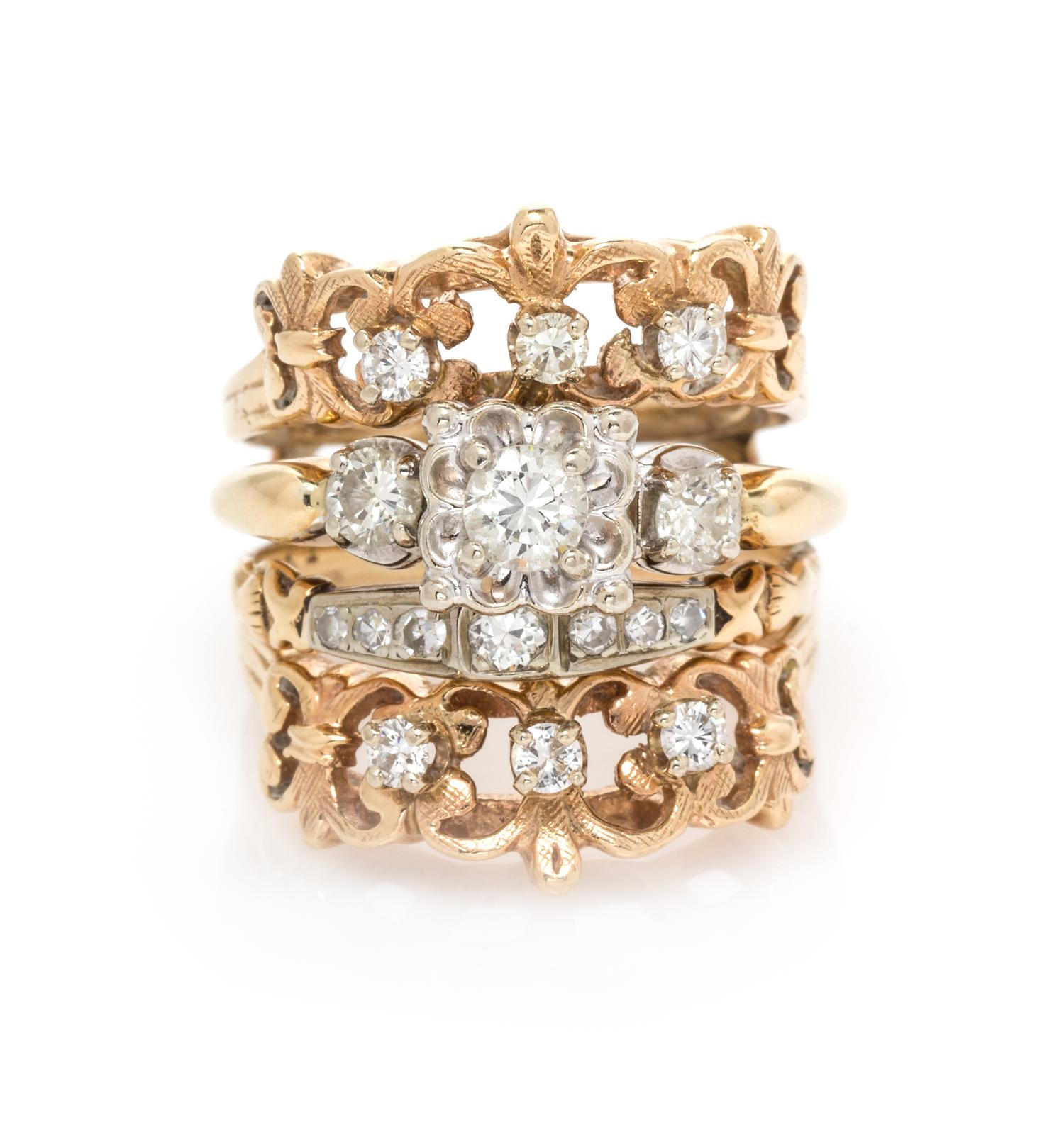 A 14 Karat Bicolor Gold and Diamond Ring Set, 7.30 dwts.