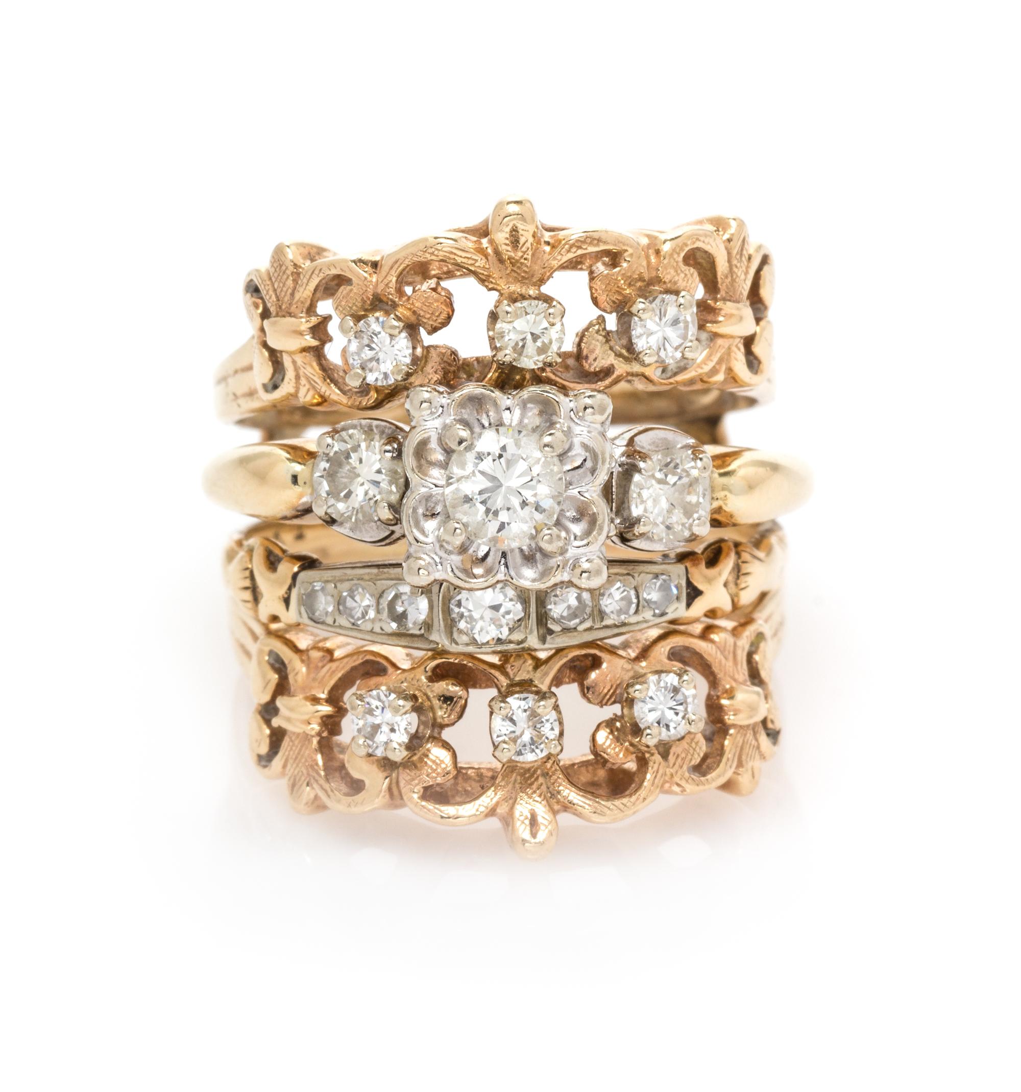 A 14 Karat Bicolor Gold and Diamond Ring Set, 7.30 dwts.
