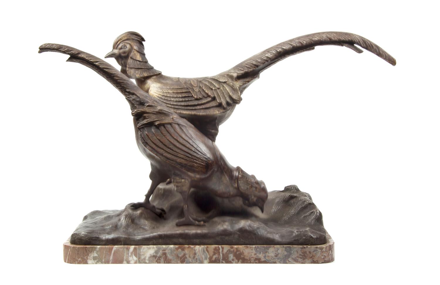 A French Bronzed Ornithological Group, Charles Guillaud, Height overall 16 3/4 x width 25 1/4 inches.