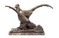 A French Bronzed Ornithological Group, Charles Guillaud, Height overall 16 3/4 x width 25 1/4 inches.
