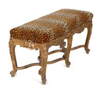 A Louis XV Style Giltwood Bench with Faux Leopard Upholstery