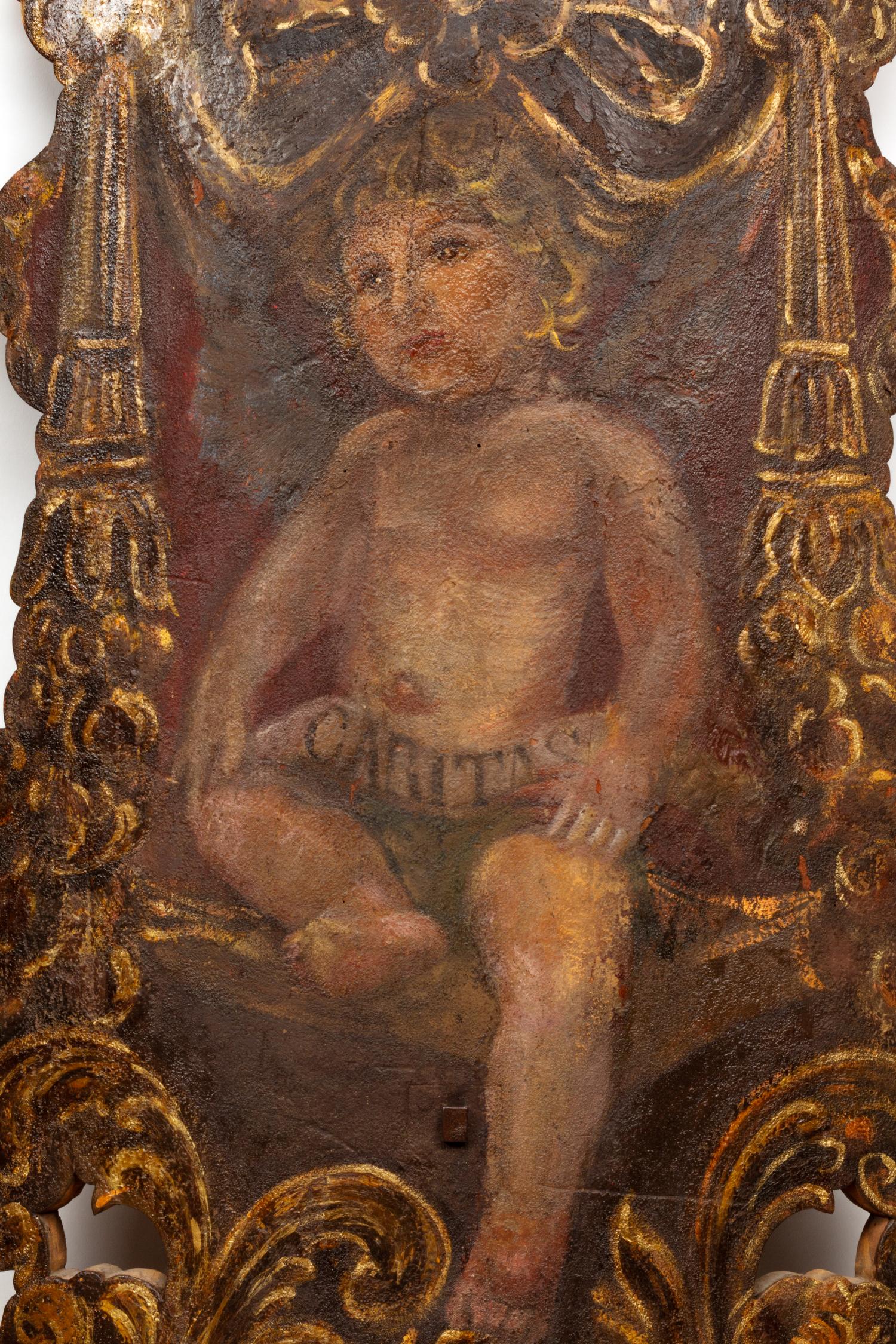 A Pair of Large Italian Tapestry-Inset Painted Wood Sconces