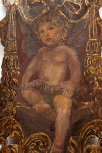 A Pair of Large Italian Tapestry-Inset Painted Wood Sconces