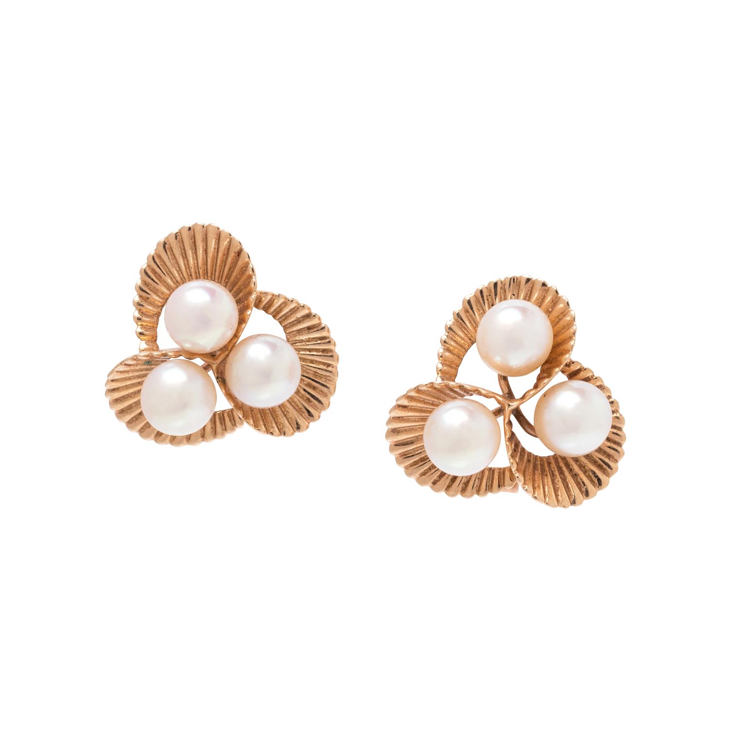 YELLOW GOLD AND CULTURED PEARL EARCLIPS