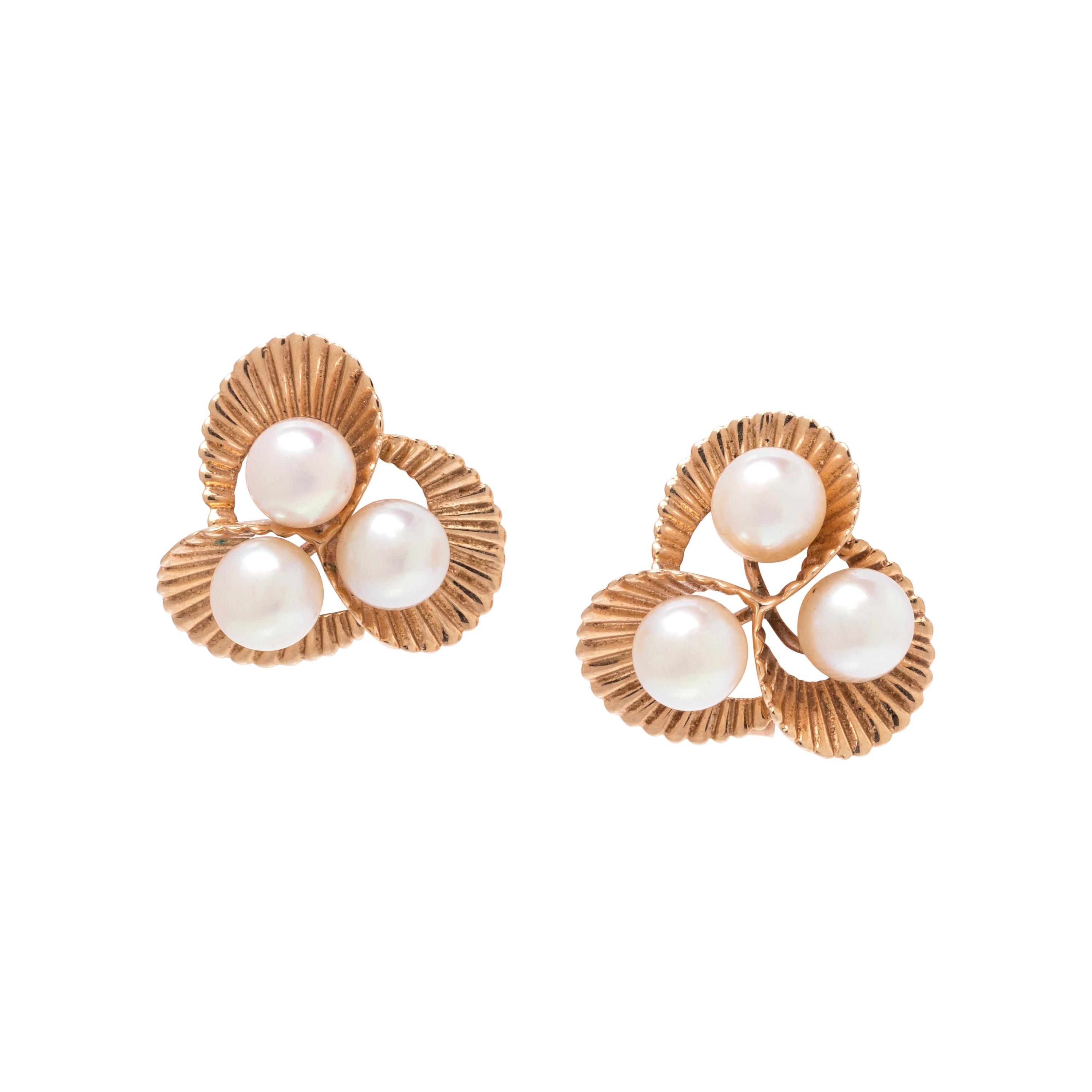 YELLOW GOLD AND CULTURED PEARL EARCLIPS