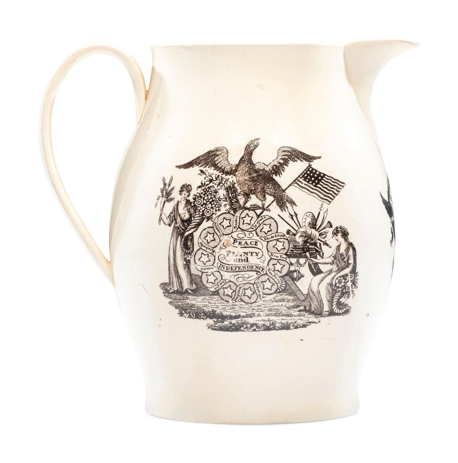 A Liverpool Transfer-Printed Creamware 'Union to the People of America' Pitcher