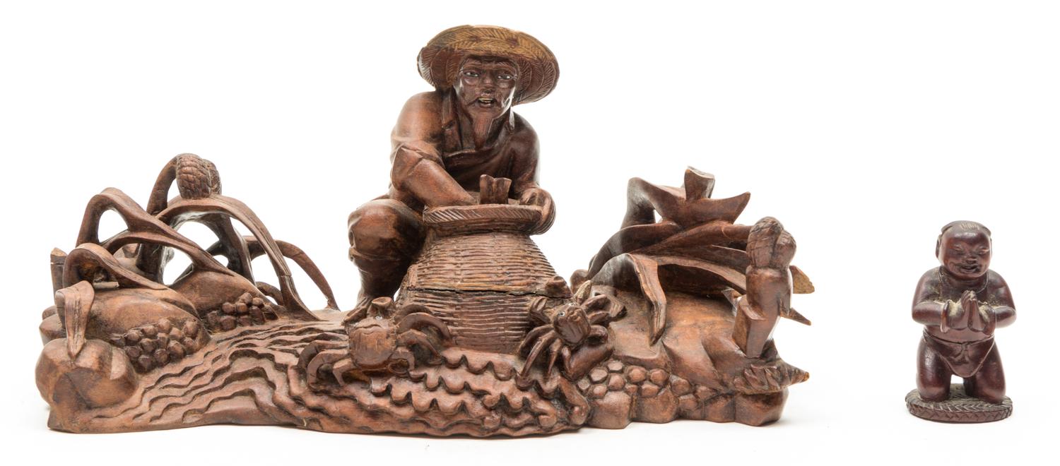A Carved Wood Figure of a Fisherman Height of taller 10 inches.