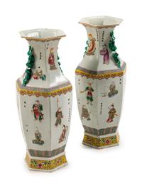 A Pair of Chinese Polychromed Porcelain Hexagonal Vases