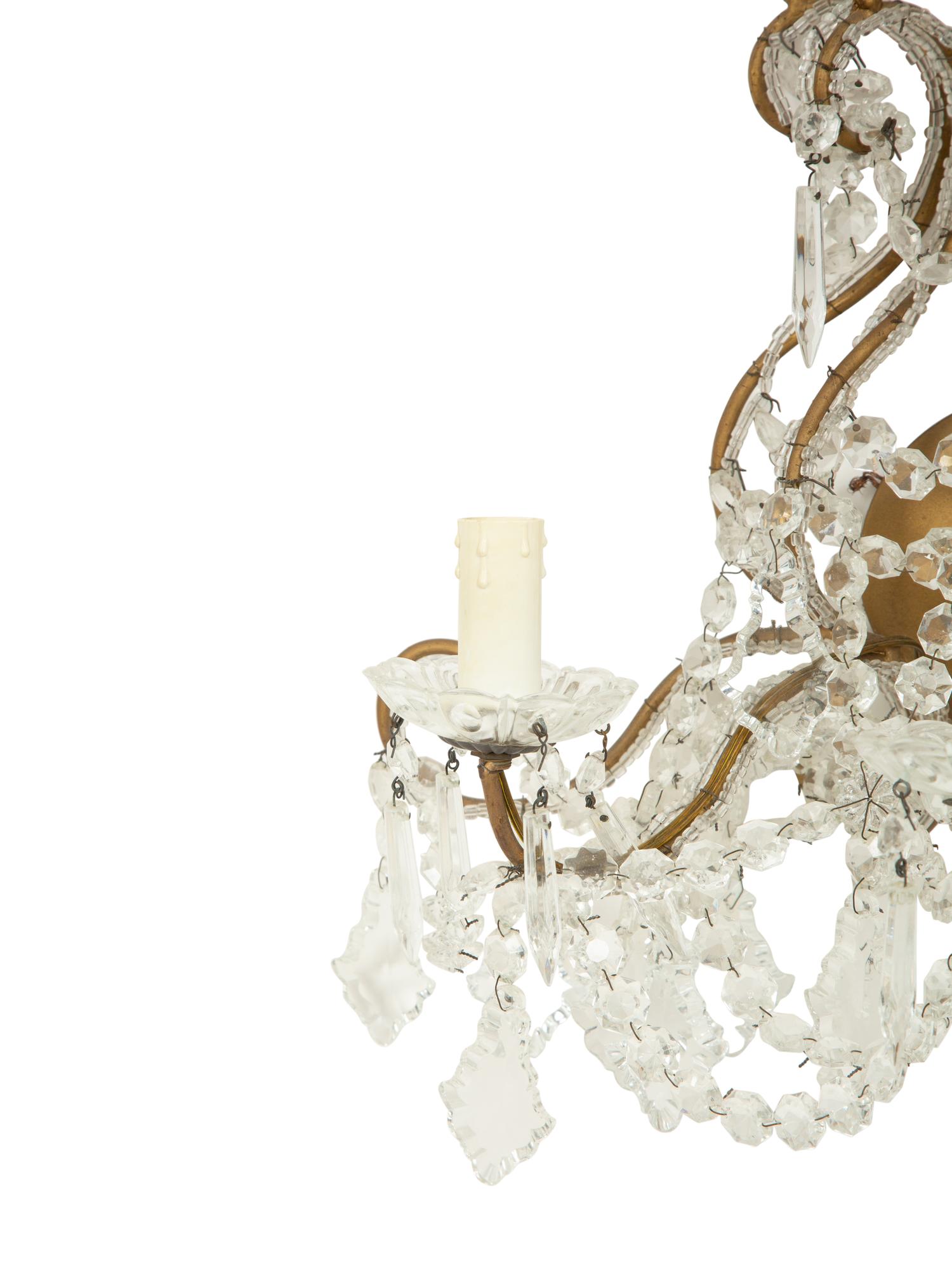 A Pair of French Gilt Metal and Cut Beaded Glass Three-Branch Wall Lights