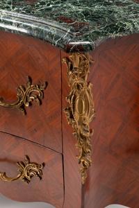 A Pair of Louis XV Style Gilt Bronze Mounted Parquetry Marble-Top Commodes