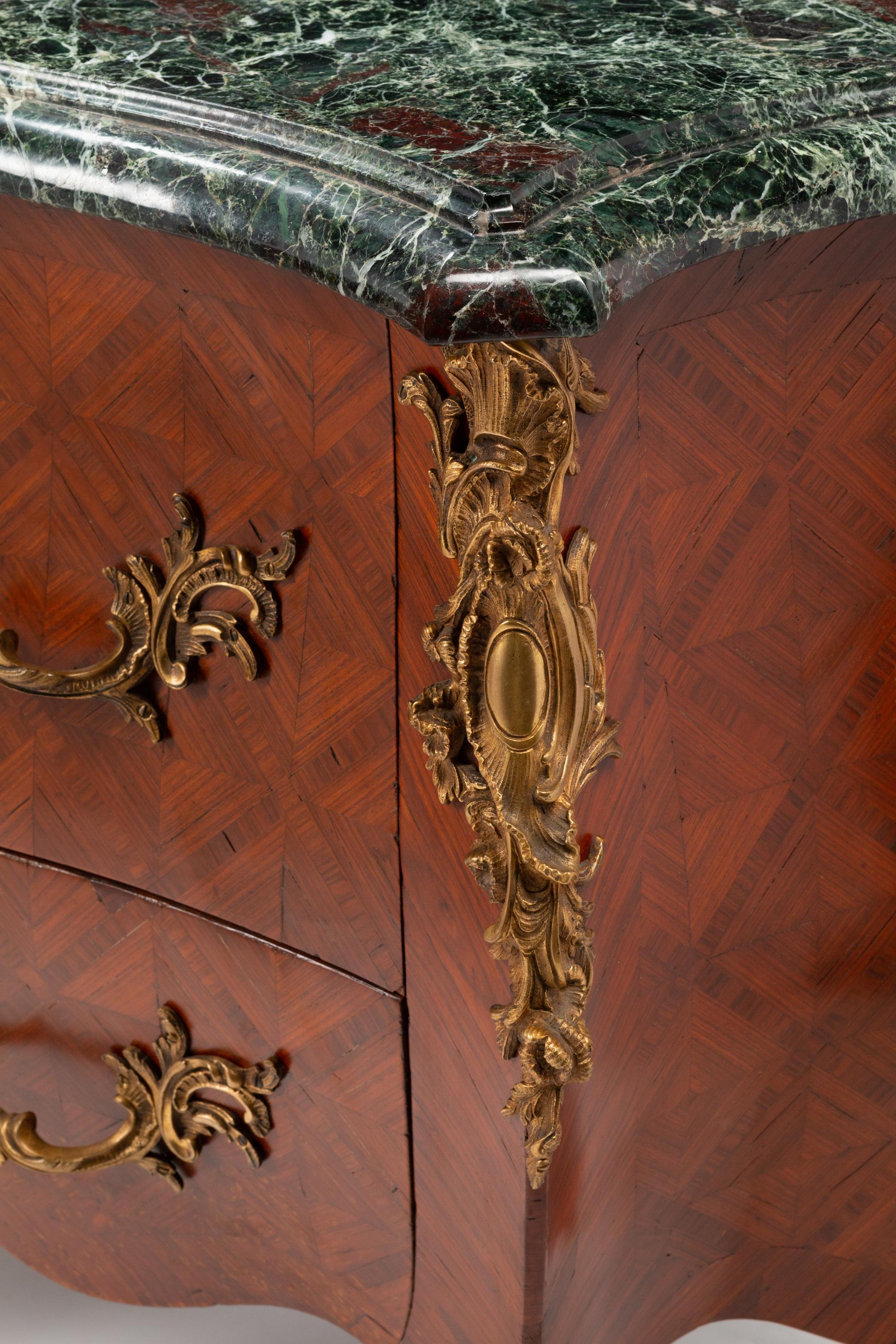 A Pair of Louis XV Style Gilt Bronze Mounted Parquetry Marble-Top Commodes