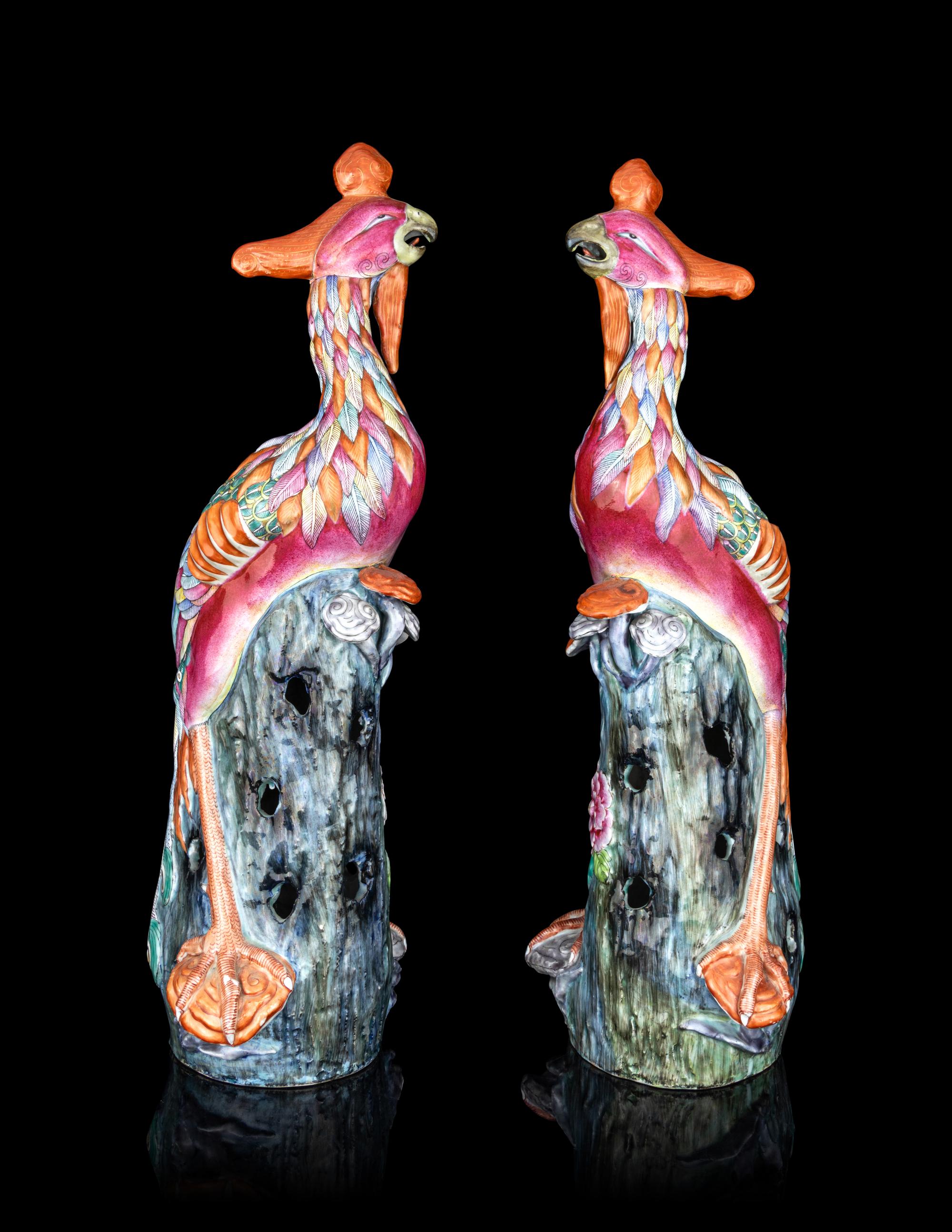 A Pair of Chinese Export Porcelain Figures of Phoenixes