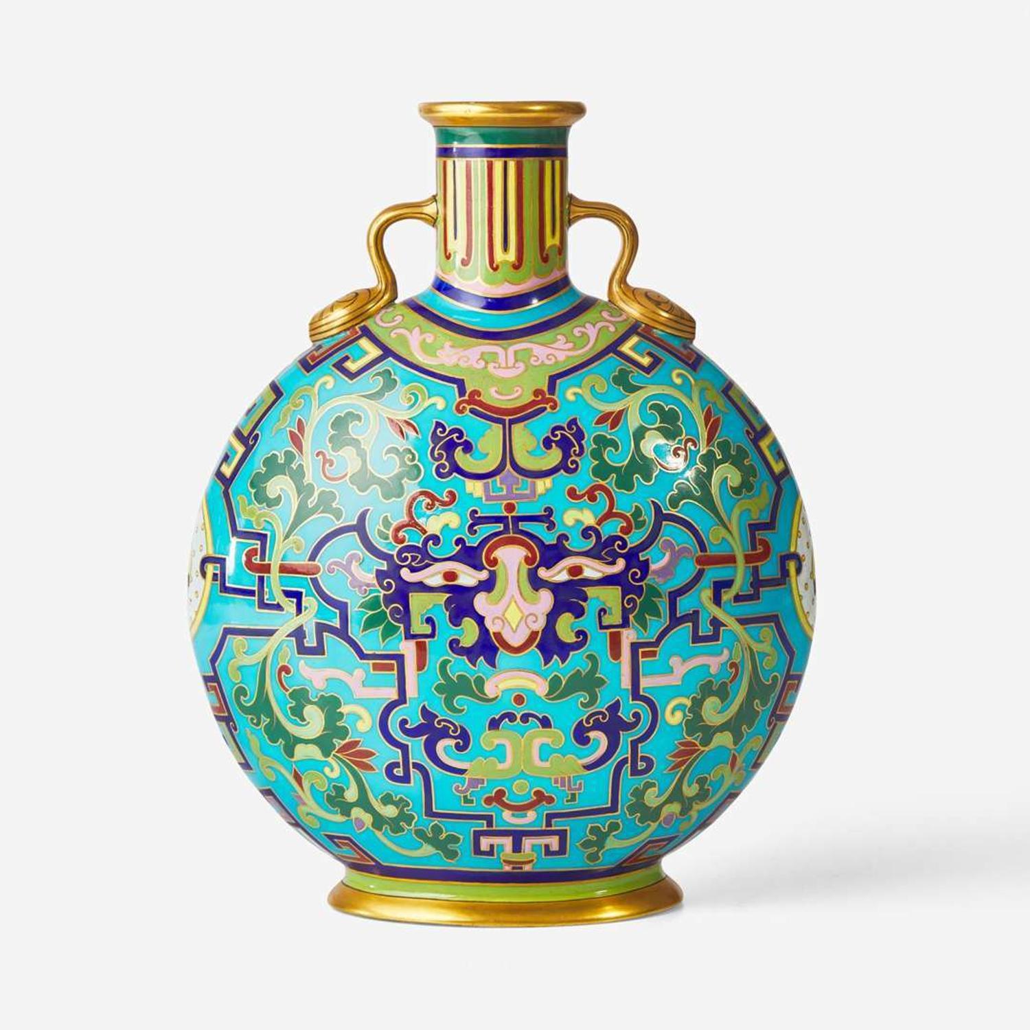 A Minton glazed porcelain moon flask Designed by Christopher Dresser (English, 1834-1904), England, circa 1870