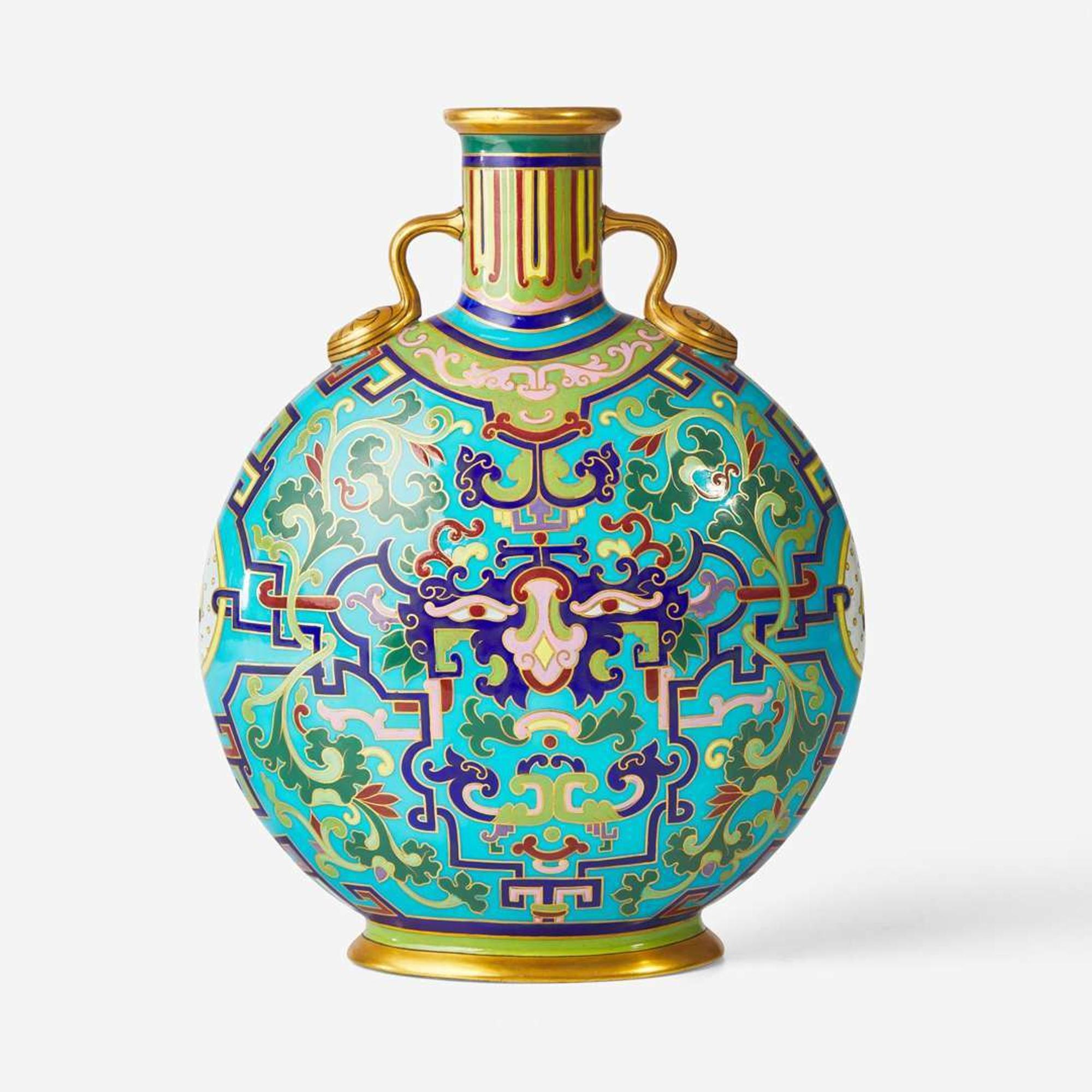 A Minton glazed porcelain moon flask Designed by Christopher Dresser (English, 1834-1904), England, circa 1870