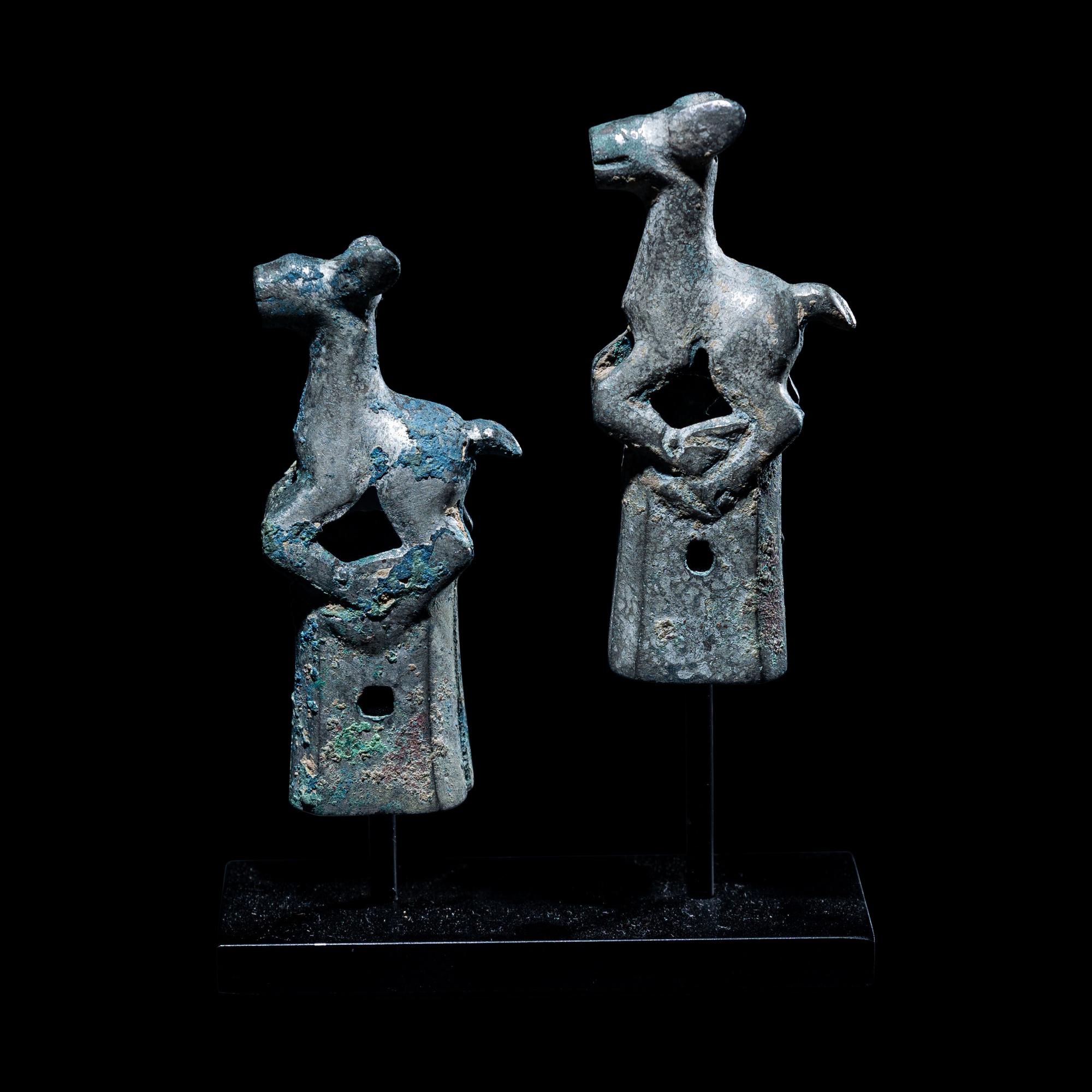 Two Eurasian Tinned Bronze Finials with Frolicking Does
