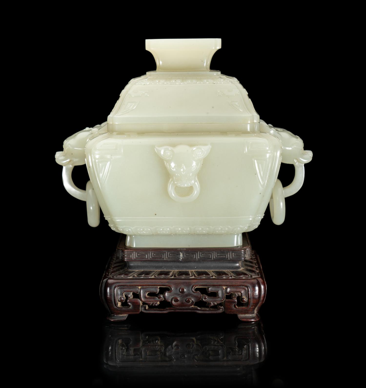 A Chinese Pale Celadon Jade Censer and Cover