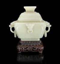 A Chinese Pale Celadon Jade Censer and Cover
