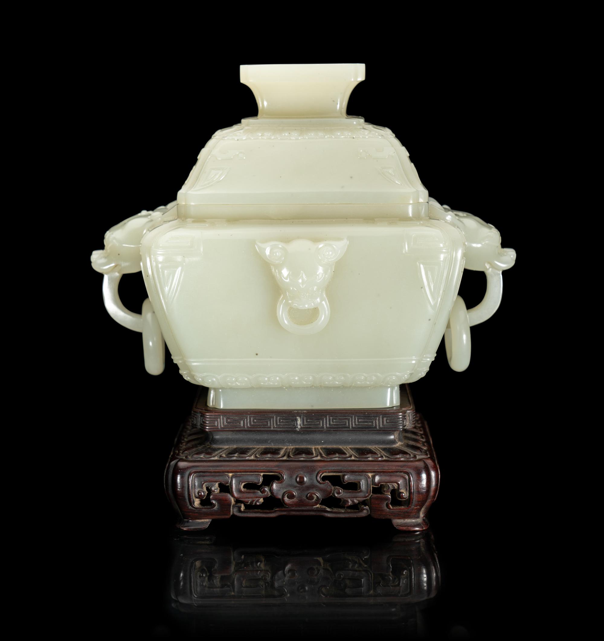 A Chinese Pale Celadon Jade Censer and Cover
