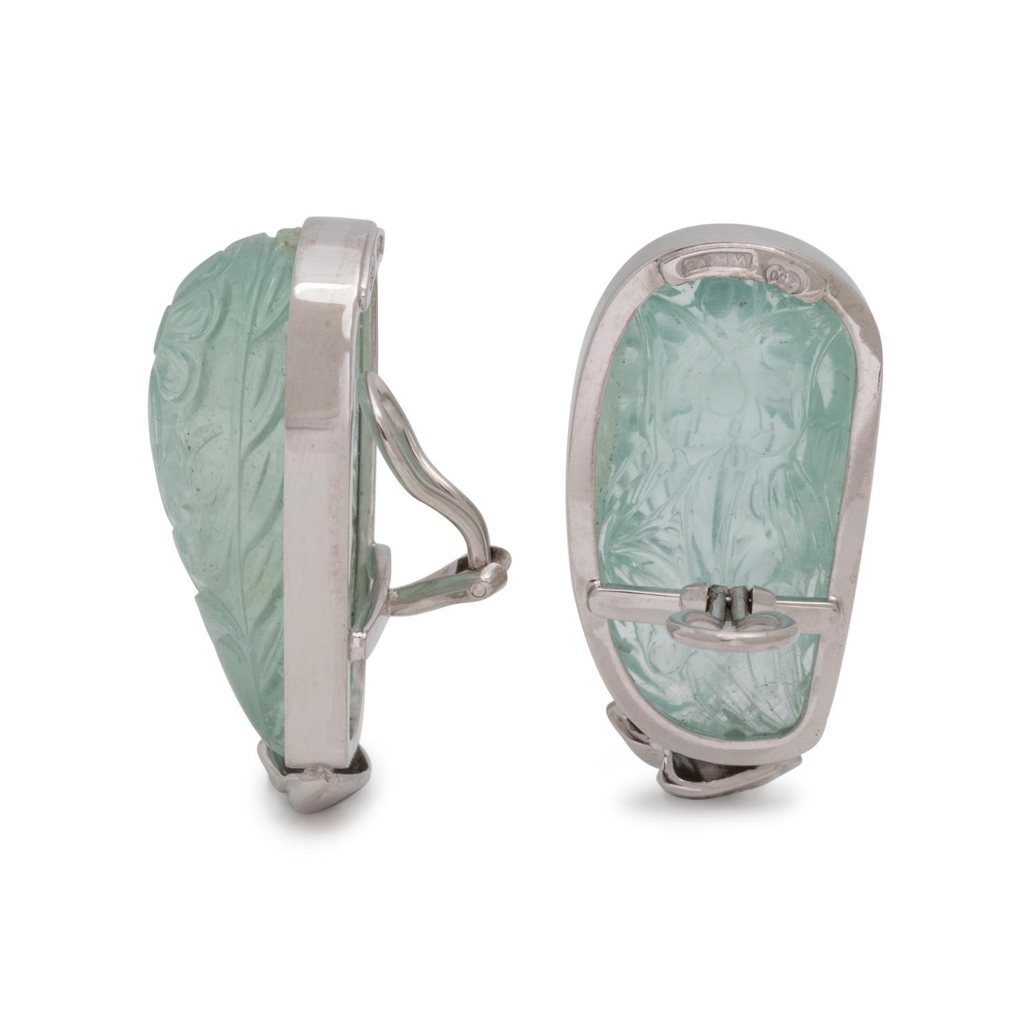 TONY WHITE, CARVED AQUAMARINE EARCLIPS