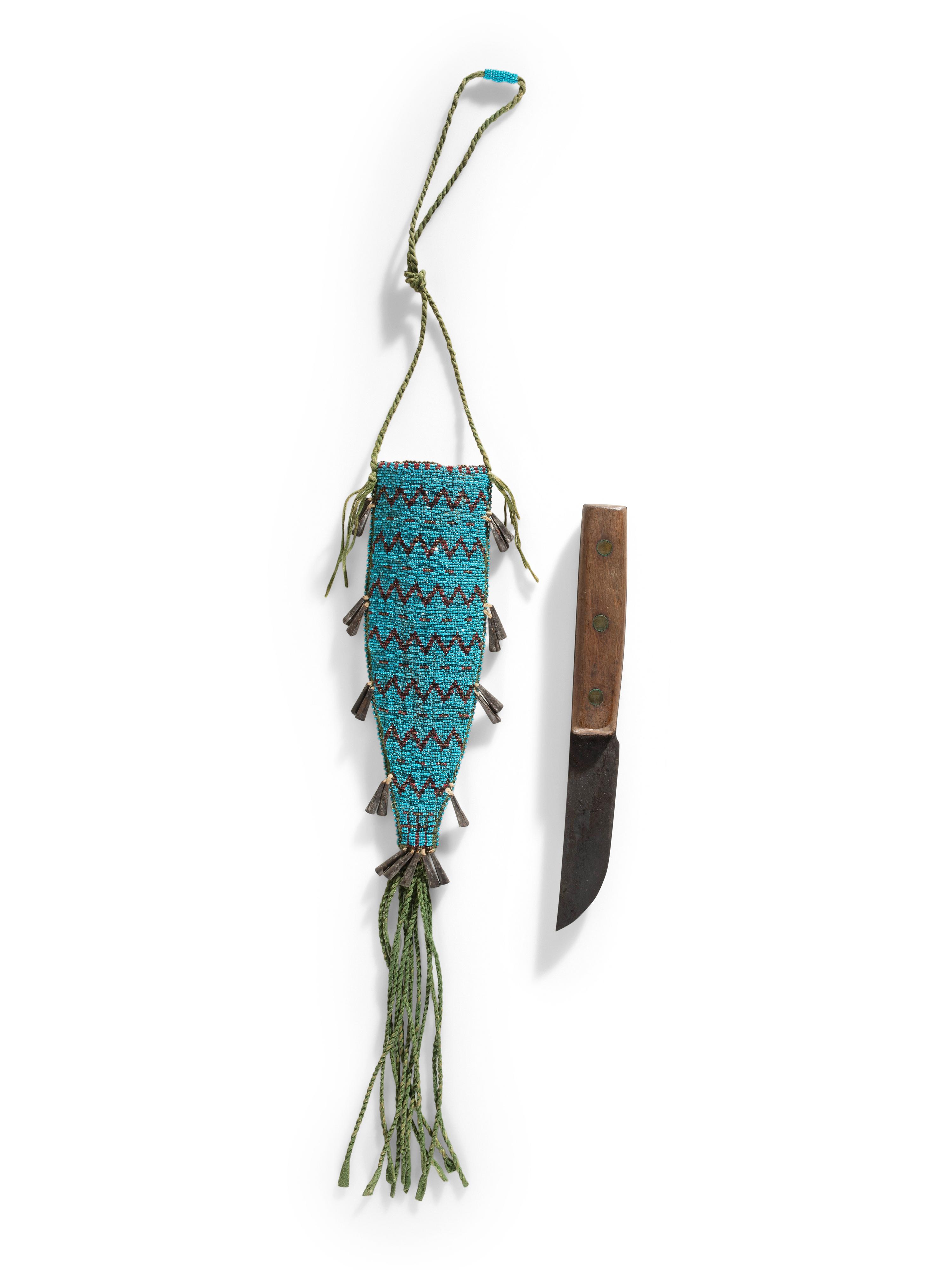 Central Plains Beaded Hide Neck Knife Sheath, with Knife