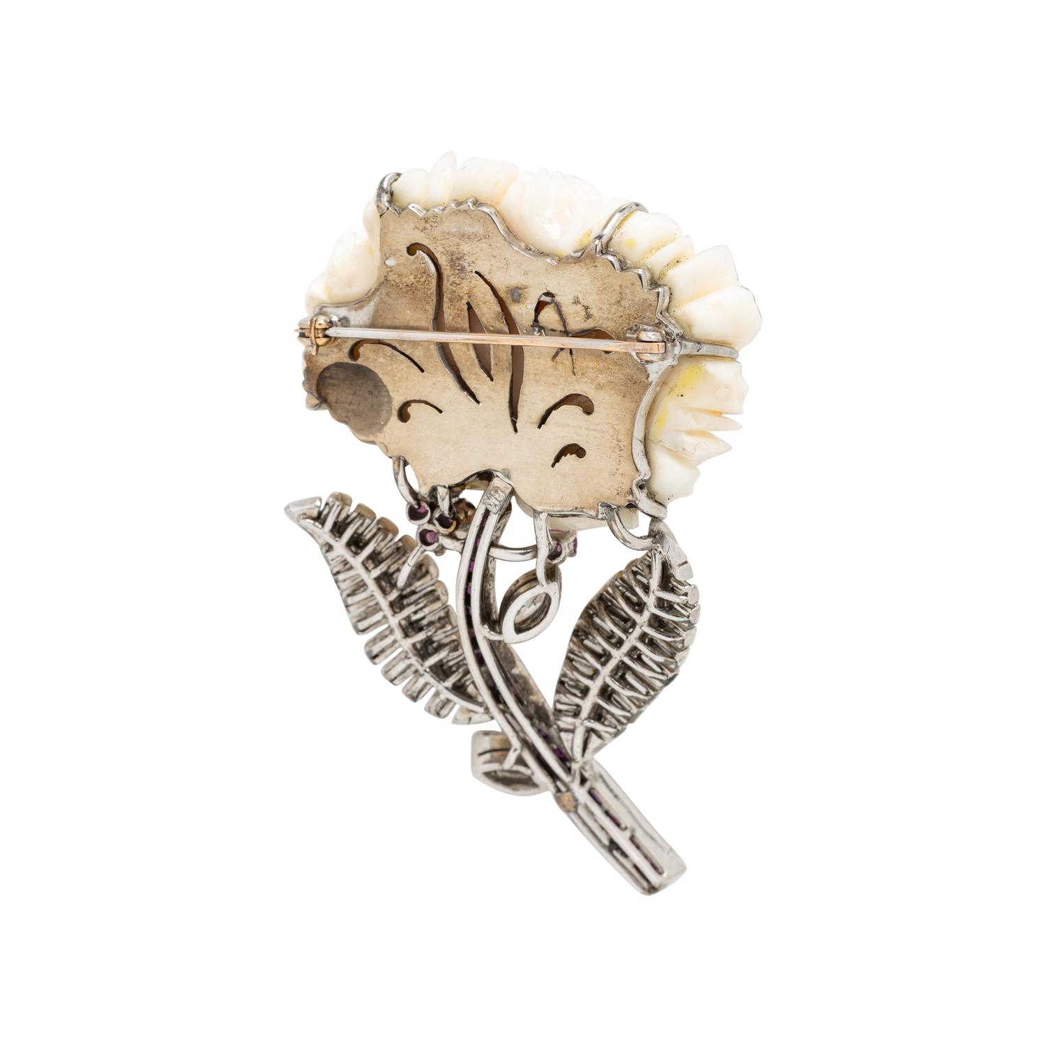 CORAL, DIAMOND, AND RUBY FLOWER BROOCH