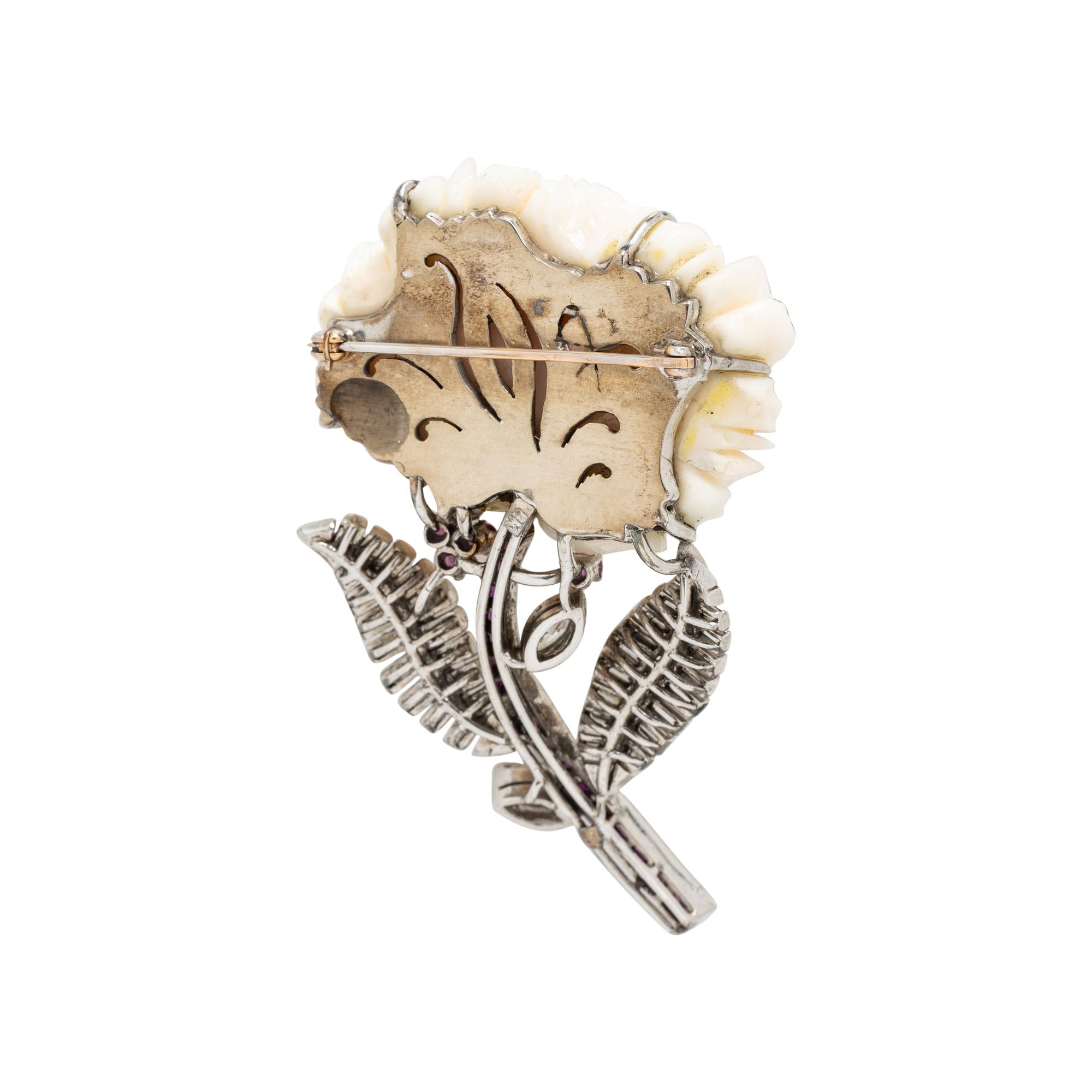 CORAL, DIAMOND, AND RUBY FLOWER BROOCH