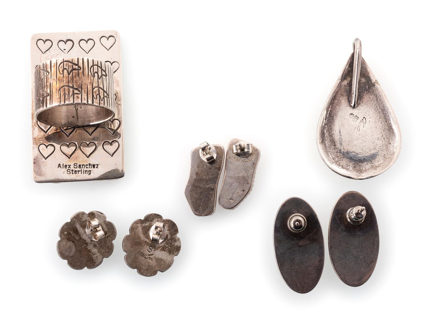 Navajo and Southwestern-style Silver Ring, Pendant, and Post Earrings, set with Coral and Spiny Oyster