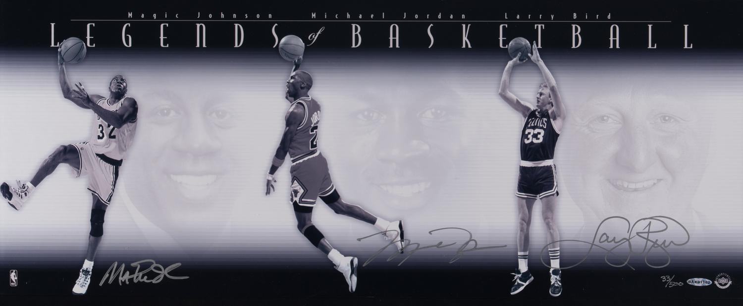 A Michael Jordan, Larry Bird and Magic Johnson Signed Autograph Legends of Basketball Large Framed Display (Upper Deck Authenticated) - Platinum Edition