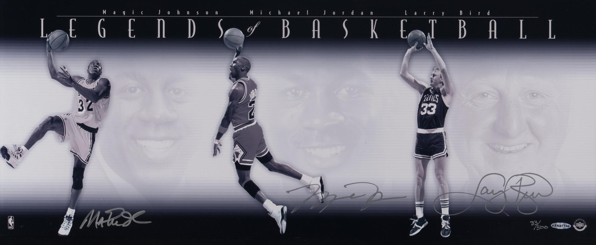A Michael Jordan, Larry Bird and Magic Johnson Signed Autograph Legends of Basketball Large Framed Display (Upper Deck Authenticated) - Platinum Edition