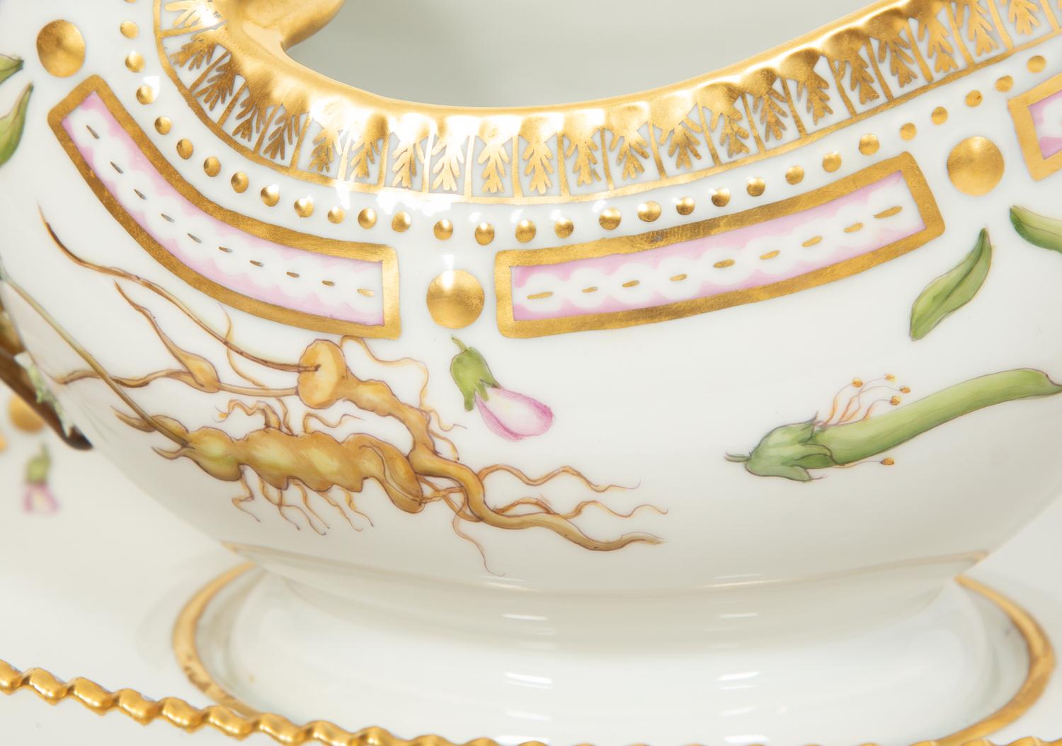 Two Royal Copenhagen Flora Danica Porcelain Sauce Boats with Affixed Underplates