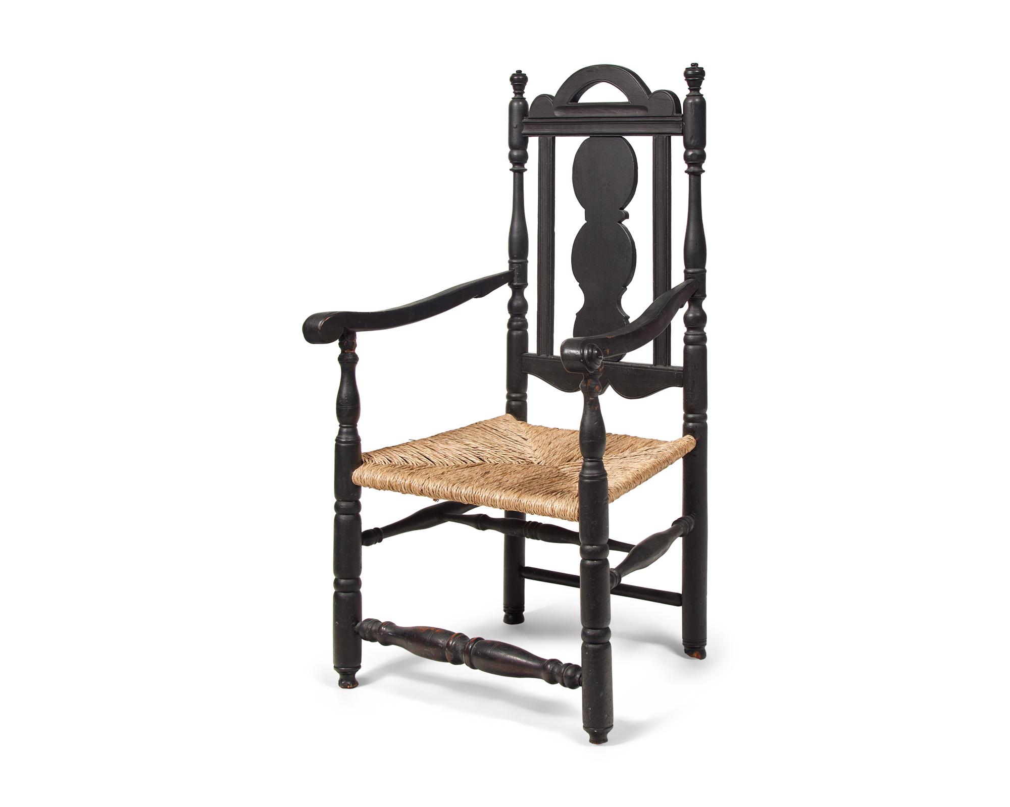 A Rare and Important Painted, Carved and Turned Slat-Back Armchair