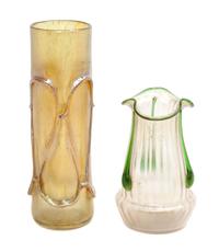 Two Iridescent Glass Vases Height of taller 9 3/8 inches. — MANNER OF LOETZ