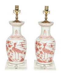 A Pair of Chinese Export Porcelain Vases Mounted as Lamps